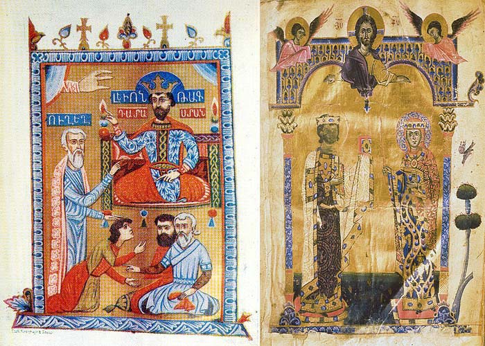 Слева-Миниатюра Саргиса Пицака, 1331 год Справа-Миниатюра Тороса Рослина, 1262 год