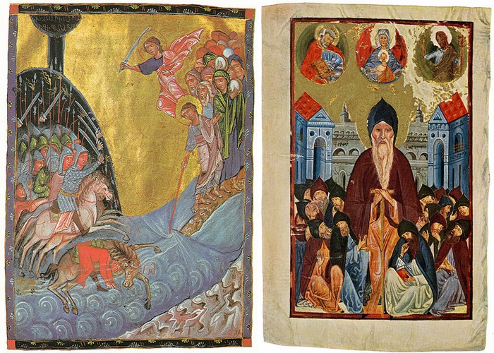 Слева-Миниатюра Тороса Рослина, 1266 год Справа-Портрет Григора Татеваци, 1449 год